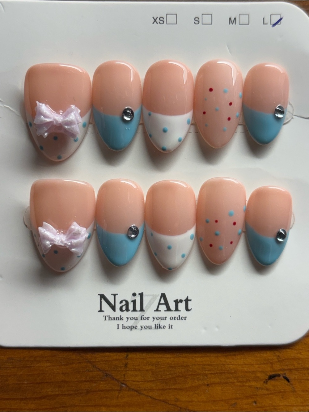 Nail Art Peach & Blue Polka Dot Press-On Nails with Bow Accent